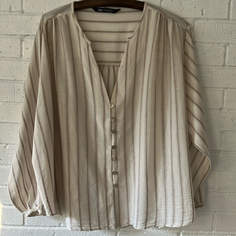 Zara Blouse Top XXL Button Tan Beige Stripe Cotton Linen Blend Breathable Boho